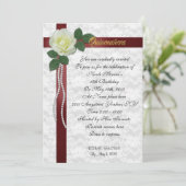 Quinceanera Uitnodiging Witte roos en rood lint (Staand voorkant)