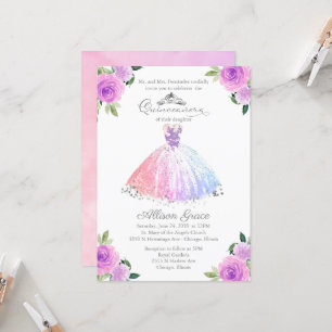 Quinceanera-uitnodiging Zilver Kleurrijke Bloemrij Kaart
