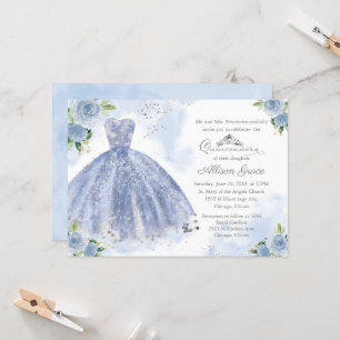 Quinceanera uitnodiging zilver lichtblauwe jurk