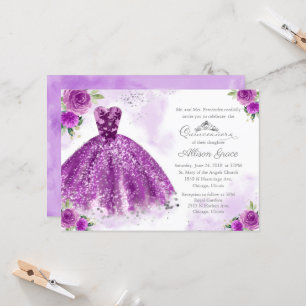Quinceanera uitnodiging zilver paarse bloemenjurk
