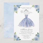 Quinceanera Uitnodiging Zilveren Blauwe Bloemenjur (Voorkant / Achterkant)