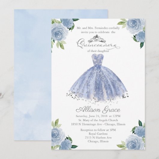 Quinceanera Uitnodiging Zilveren Blauwe Bloemenjur (Voorkant / Achterkant)