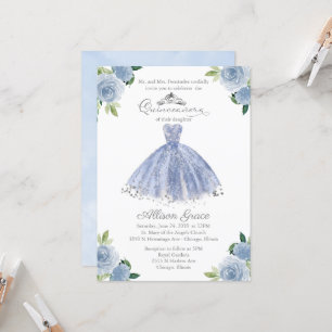 Quinceanera-uitnodiging Zilveren Blauwe Bloemjurk Kaart