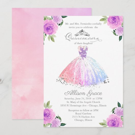 Quinceanera Uitnodiging Zilveren Kleurrijke Bloeme (Voorkant / Achterkant)