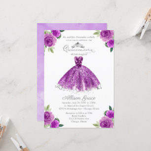 Quinceanera-uitnodiging Zilveren Paarse Bloemjurk Kaart