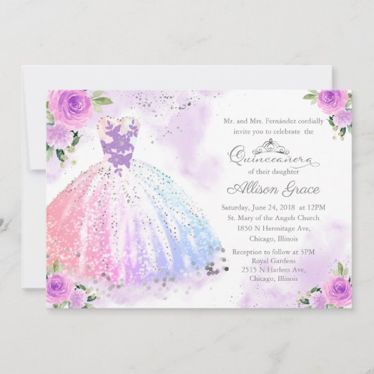 Quinceanera uitnodiging zilveren pastel kleur jurk (Voorkant)