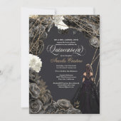 Quinceañera Uitnodiging - Zwarte en gouden Rozen,  (Voorkant)