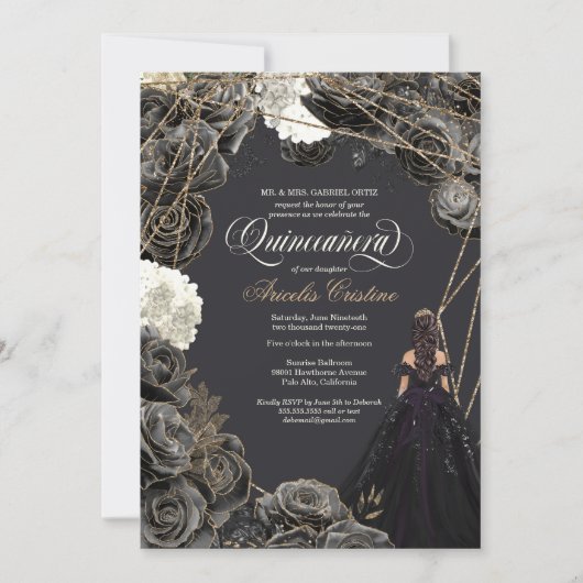 Quinceañera Uitnodiging - Zwarte en gouden Rozen,  (Voorkant)