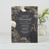 Quinceañera Uitnodiging - Zwarte en gouden Rozen,  (Staand voorkant)