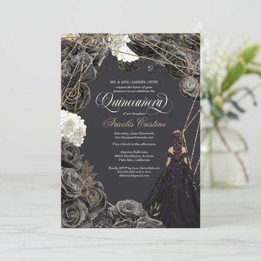 Quinceañera Uitnodiging - Zwarte en gouden Rozen,  (Staand voorkant)