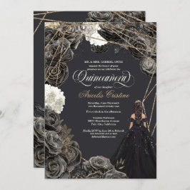 Quinceañera Uitnodiging - Zwarte en gouden Rozen, 