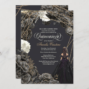 Quinceañera Uitnodiging - Zwarte en gouden Rozen,