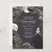 Quinceañera Uitnodiging - Zwarte en gouden Rozen,  (Voorkant)