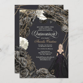 Quinceañera Uitnodiging - Zwarte en gouden Rozen, 