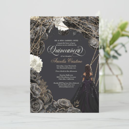 Quinceañera Uitnodiging - Zwarte en gouden Rozen,  (Staand voorkant)