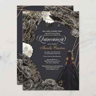 Quinceañera Uitnodiging - Zwarte en gouden Rozen,