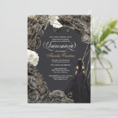 Quinceañera Uitnodiging - Zwarte en gouden Rozen,  (Staand voorkant)