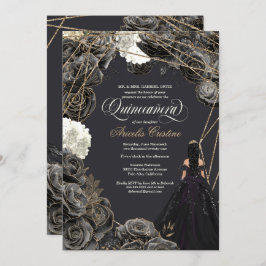 Quinceañera Uitnodiging - Zwarte en gouden Rozen, 