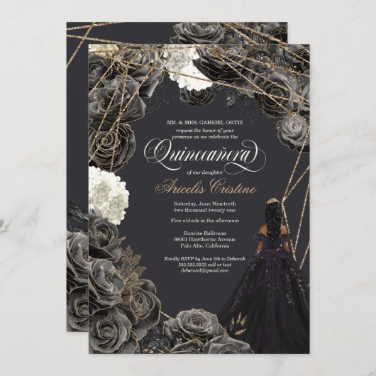 Quinceañera Uitnodiging - Zwarte & Gouden Rozen, J (Voorkant / Achterkant)