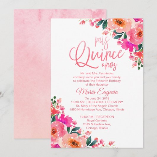 Quinceanera Uitnodigingen Heet Roze Bloem (Voorkant / Achterkant)