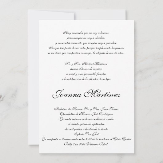 Quinceanera Uitnodigingen in het Spaans (Achterkant)