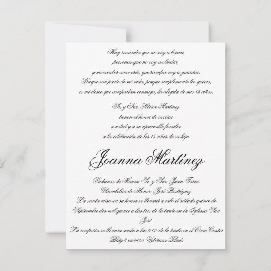 Quinceanera Uitnodigingen in het Spaans 4.25 x 5.5 (Achterkant)