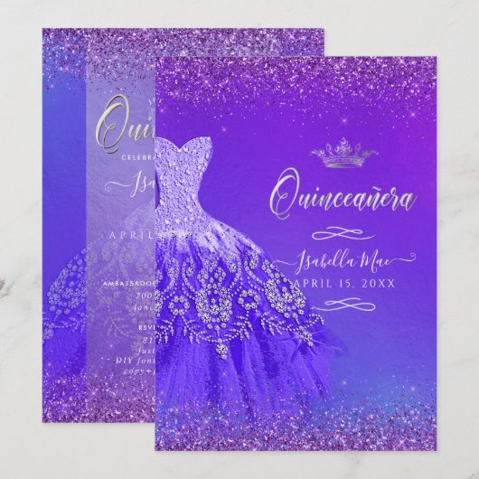 Quinceanera Ultra Violet Ombre Glitter Gown Kaart (Voorkant / Achterkant)