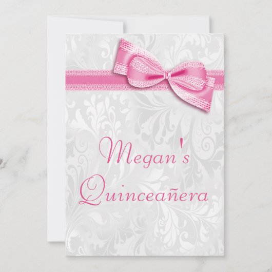 Quinceañera Verjaardag Damask en Roze Faux Bow Kaart (Voorkant)