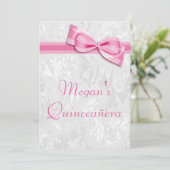 Quinceañera Verjaardag Damask en Roze Faux Bow Kaart (Staand voorkant)