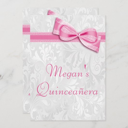Quinceañera Verjaardag Damask en Roze Faux Bow Kaart (Voorkant / Achterkant)