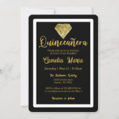 Quinceañera Verjaardag Diamant Glam Zwart Goud Kaart (Voorkant)