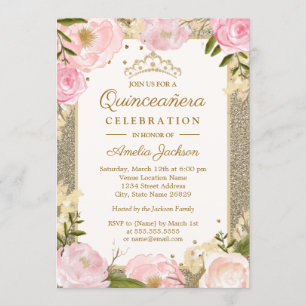 Quinceanera verjaardag glans roze goud bloemkaart kaart