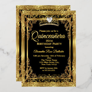 Quinceanera Verjaardag Goud Zwart Foto Folie Uitnodiging
