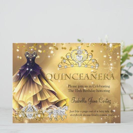 Quinceanera Verjaardag Gouden Jurk Tiara Carriage  Kaart (Staand voorkant)