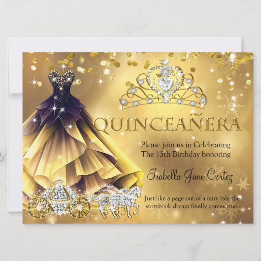 Quinceanera Verjaardag Gouden Jurk Tiara Carriage  Kaart (Voorkant)