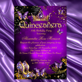 Quinceanera verjaardag paars Goud Zwart Vlinder Kaart