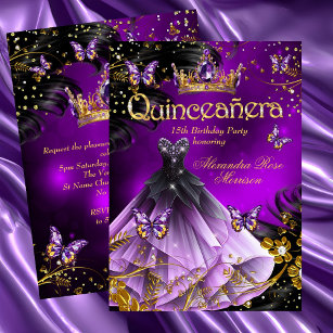 Quinceanera Verjaardag paarse Gouden Jurk Vlinder Kaart