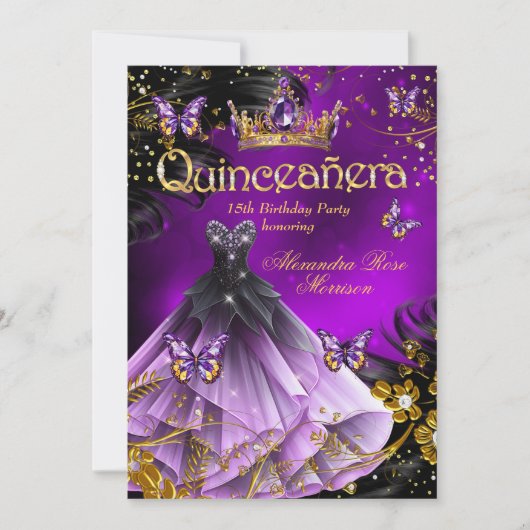 Quinceanera Verjaardag paarse Gouden Jurk Vlinder Kaart (Voorkant)
