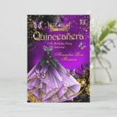 Quinceanera Verjaardag paarse Gouden Jurk Vlinder Kaart (Staand voorkant)