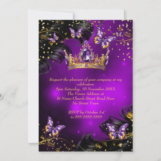 Quinceanera Verjaardag paarse Gouden Jurk Vlinder Kaart (Achterkant)