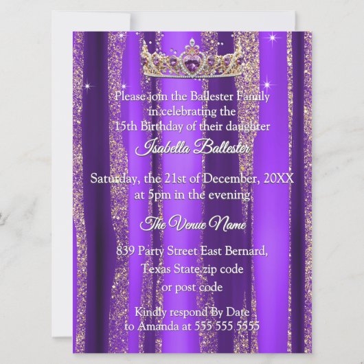 Quinceanera Verjaardag Paarse Gouden Zilveren Koet Kaart (Achterkant)