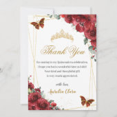 Quinceañera Verjaardag Rode Bloemen Gouden Vlinder Bedankkaart (Voorkant)