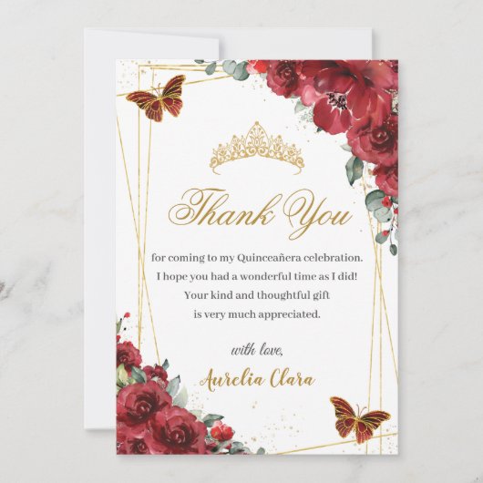 Quinceañera Verjaardag Rode Bloemen Gouden Vlinder Bedankkaart (Voorkant)