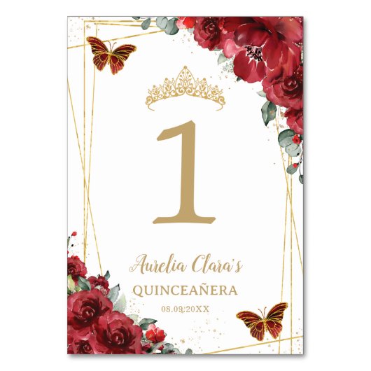 Quinceañera Verjaardag Rode Bloemen Gouden Vlinder Kaart (Voorkant)