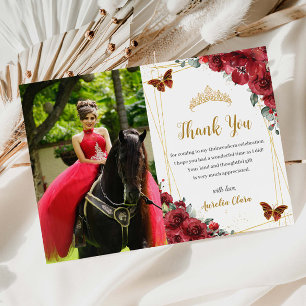 Quinceañera Verjaardag Rode Bloemen Vlinders Foto Bedankkaart