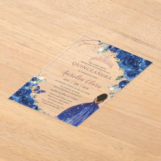 Quinceañera Verjaardag Royal Blue Floral Brown Gir Acryl Uitnodigingen (Laagn)