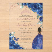 Quinceañera Verjaardag Royal Blue Floral Brown Gir Acryl Uitnodigingen (Voorkant)
