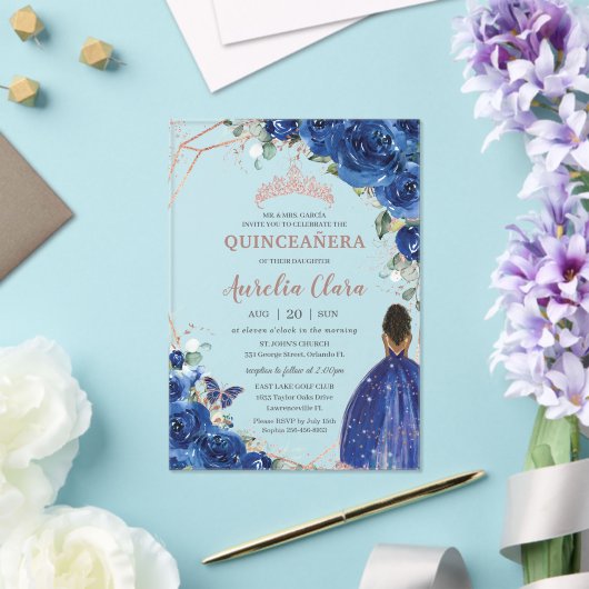 Quinceañera Verjaardag Royal Blue Floral Brown Gir Acryl Uitnodigingen (Insitu (Huwelijk))