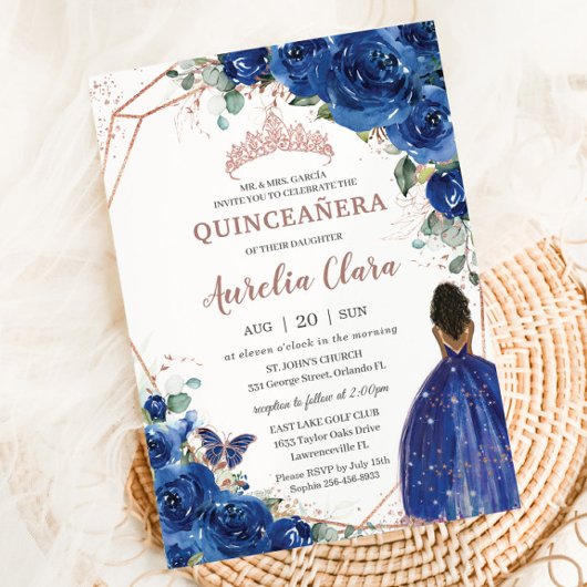 Quinceañera Verjaardag Royal Blue Floral Brown Gir Kaart