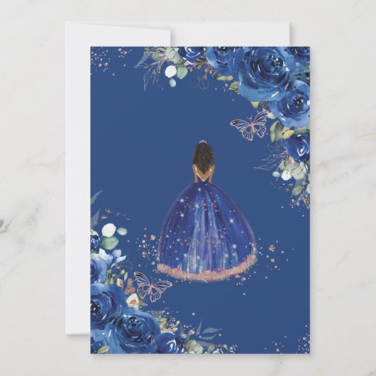 Quinceañera Verjaardag Royal Blue Floral Brown Gir Kaart (Achterkant)